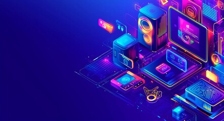 Poster - Smart home system technology using wireless Internet of things isometric concept. Mobile application controls internet of things via phone.