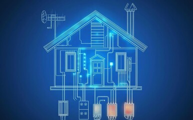 Design of a smart home icon based on lines, triangles, and particle shapes.