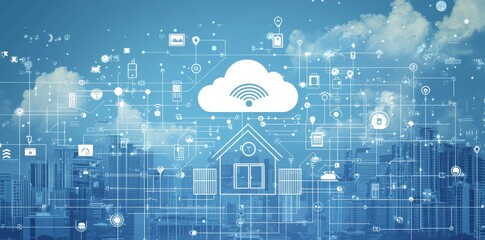 Poster - The concept of smart homes (smart houses) is presented in a flat illustration (with text space).