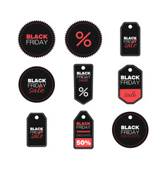 Black friday sale ribbon banners collection isolated. Vector price tags isolated on black background.
