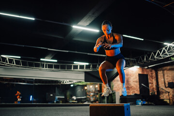 Young woman performing box jump exercises in gym