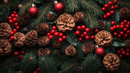 Christmas background concept. Top view of Christmas gift box red sock with spruce branches, pine cones, red berries and bell 