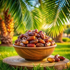 Wall Mural - Fresh dates in a wooden bowl beneath the date palm tree garden in daylight. Generative AI