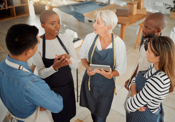 Poster - Creative, diverse and discussion for group, fashion designer and planning with tablet, talking and workshop. Tailor, teamwork and people in business meeting, apron and conversation in design studio