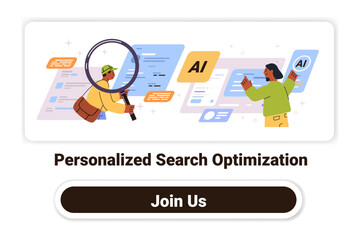 Poster - Personalized search optimization concept AI technology magnifying glass people analyzing data colorful elements modern web design