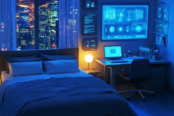 Poster - an advanced bedroom with smart appliances, a display screen and voice control. an advanced bedroom w
