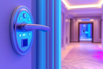 Poster - electronic digital door handles on hotel or apartment doors, future modern technology for safety and