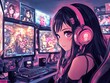 © Alex - Dynamic Poster of a Focused Young Gamer Girl with Long Dark Hair and Pink Highlights in a High-Tech Environment – Perfect for Sports or Gaming Room Decor!
