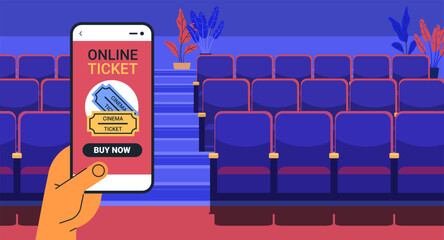 Poster - Online ticket booking concept hand holding smartphone cinema seats modern design