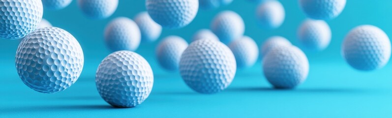 Many golf balls that are in a row on a blue surface