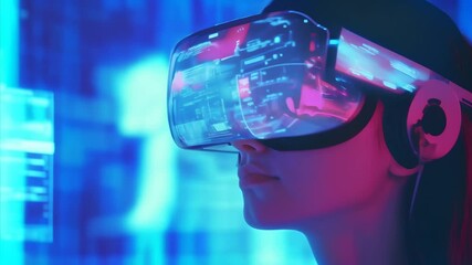 Aufkleber - Woman is wearing a vr headset and working in a dark room illuminated by blue and pink light from computer monitors. She is developing virtual reality software in a metaverse