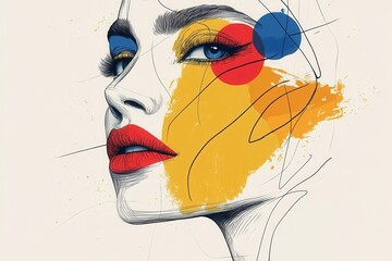 Wall Mural - Colorful abstract illustration of a woman's face with bold hues and modern art lines