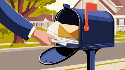a mail carrier's hand depositing letters and envelopes into a mailbox.