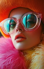 Wall Mural - Vogue fashion shoot featuring a stylish person in vivid pink and orange attire with large reflective sunglasses