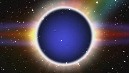Wall Mural - A glowing ring of light surrounds a dark blue circle against a background of scattered white stars on a dark blue cosmic background.