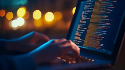 Aufkleber - Software developer works late in a dimly lit office, typing on a laptop with city lights in the background, showcasing expertise in programming and web development