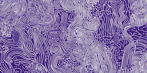 deep purple and white line drawing, repeating pattern of doodles