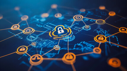 abstract innovative cyber security network, using interconnected nodes to represent business partnerships on the Smart digital Innovation city with connection network reciprocity over the smart city