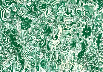 Green and white line drawing, repeating pattern of doodles 