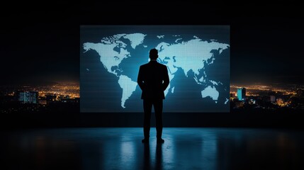 A businessman stands before a large digital map, analyzing global data against a city skyline backdrop at night.