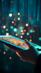 Aufkleber - Software developer is holding a tablet, browsing code, with binary rain in the background. The image evokes a futuristic, cyberpunk atmosphere