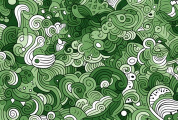 Green and white line drawing, repeating pattern of doodles 