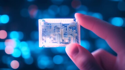 Poster - Software developer examines a microchip under colorful lights, showcasing advanced technology and coding expertise. The futuristic scene symbolizes the digital world's interconnected network
