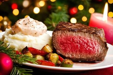 Delicious holiday dinner plate featuring steak, mashed potatoes, and colorful vegetables against festive background.