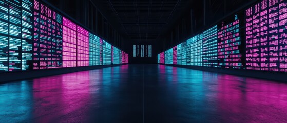Poster - Futuristic data center with vibrant neon lights illuminating large screens and reflecting on polished floor surfaces.