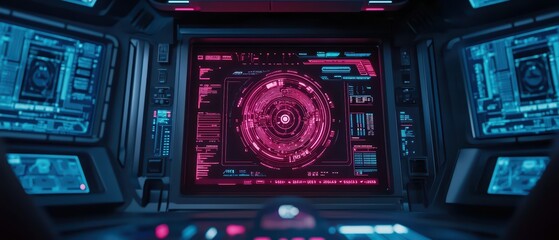 Poster - Futuristic control interface with vibrant blue and pink lights, designed for advanced navigation systems.