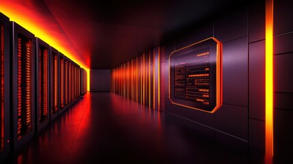 Poster - Futuristic data center corridor with glowing lights and high-tech equipment, showcasing modern computing environments.