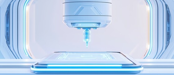 Poster - Futuristic device hovering above a tablet, illuminated with blue light against a clean, modern background.