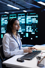 Poster - Data center call center agent responsible for providing logistics support to businesses. Worker in server farm establishment overseeing infrastructure systems and communicating with engineers
