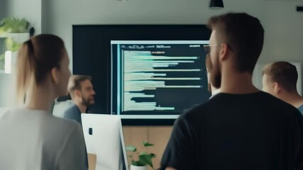 Aufkleber - Programmers working together on a project, standing and discussing code displayed on a large monitor in a modern office space