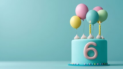  sixth birthday cake featuring a number 6 candle and colorful balloons, set against a blue background with ample copy space