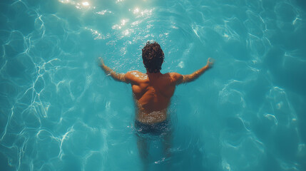 Top down view of man with big muscles swimming in a pool with sun reflection