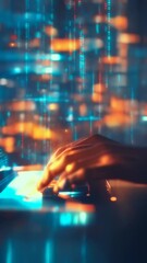 Aufkleber - Software developer is typing code on a laptop keyboard, illuminated by the glow of the screen with abstract technology design in the background