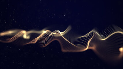 Aufkleber - Particles golden wave Cyber technology black background loop. Abstract seamless animation of mesh glowing dots digital luxurious wave particles flows background, Motion of digital data flow.