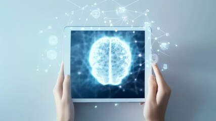 Aufkleber - Businesswoman is holding a tablet showing a hologram of the human brain, symbolizing artificial intelligence, machine learning and neural networks