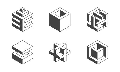 Poster - black and white cube logo, geometric vector design. set box logotype company, trendy techno emblem i