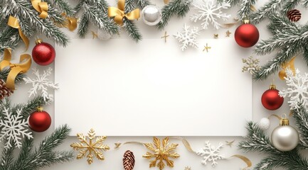 Charming white background featuring a white rectangle in the center, beautifully decorated for Christmas and New Year with garlands, golden snowflakes, red balls, green spruce branches