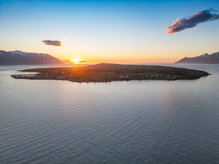 Sunset above island of Hrisey in north Iceland