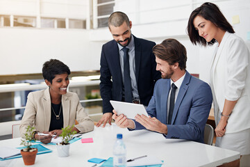 Poster - Business people, tablet and diversity for collaboration, planning and meeting with smile in office. Team, technology and proposal for change management, culture development and client acquisition