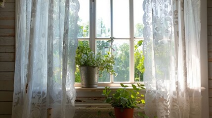 A window with white lace curtains and two potted plants, one with white flowers and one with green leaves, is bathed in warm sunlight, creating a cozy and inviting atmosphere.