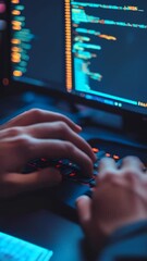 Aufkleber - Software developer works late, coding on multiple monitors in a dark office, hands typing quickly, showcasing expertise in technology and cybersecurity