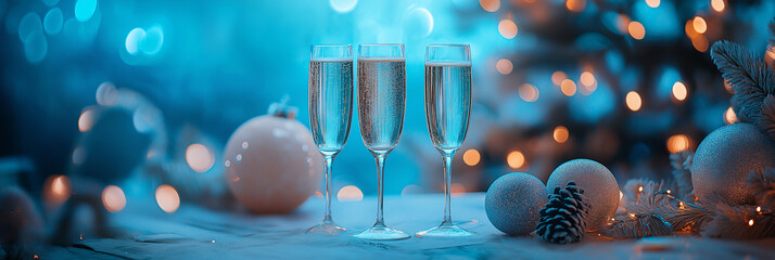 Panoramic Christmas party, gold banner hang above as guests raise glasses of champagne, toast with bubbles, cheer to celebrate, New Year, fill festive atmosphere,  joy, happiness during celebration.