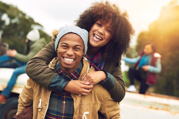 Aufkleber - Smile, couple portrait and piggyback with love, bonding and fun on holiday with winter date. Happy, african man and woman with vacation with park, care and freedom in nature, forest or woods travel