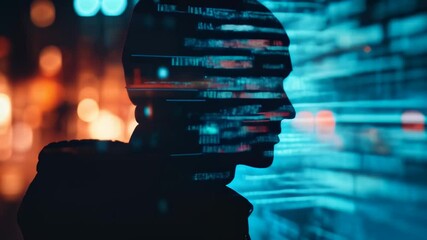 Aufkleber - Silhouetted software developer coding in city at night, surrounded by digital innovation and abstract connections. Reflects expertise in web development and technology