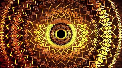 Wall Mural - Abstract gold and black geometric pattern with square shapes and a circular hole in the center.