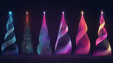 Vibrant digital art showcases six unique Christmas trees in neon colors against a dark background, each with a distinct spiral or geometric pattern and glowing top.